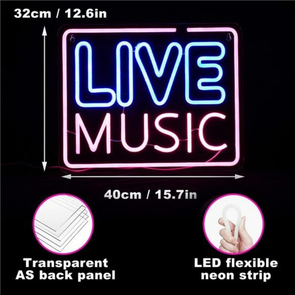 Live Music Wall Sign Neon LED Vivid Bright Color Music Sign for Decor USB Power - Picture 11 of 14